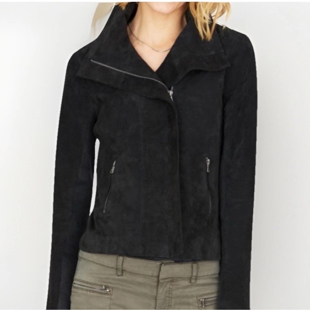 ecru leather suede black moto biker style zip jacket